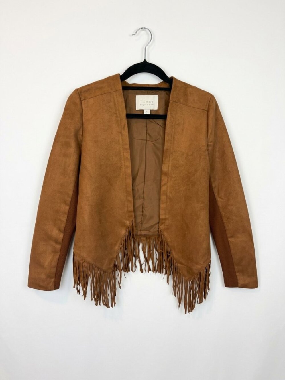Hinge Brown Faux Suede Fringe Open-Front Jacket Small